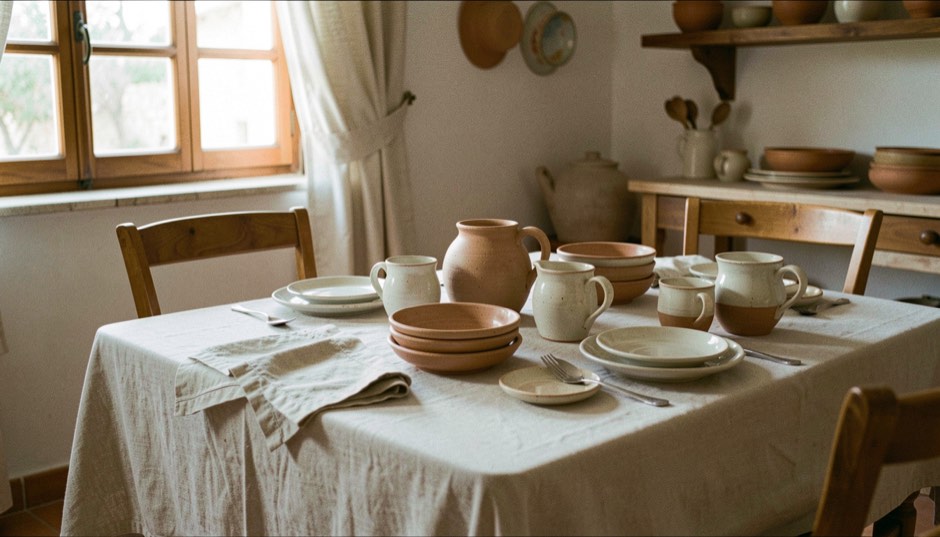 Objets en céramique et linge de table dans un intérieur méditerranéen