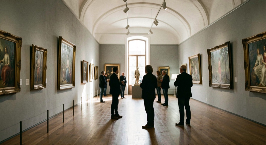 Vitrine éclairée d'une galerie du Marais en fin d'après-midi, reflet des façades haussmanniennes sur la vitre, œuvres accrochées en évidence au fond