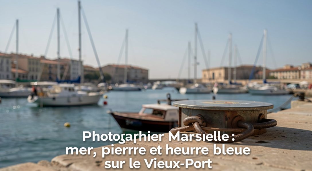 Le Vieux-Port de Marseille à l’heure bleue, lampadaires allumés et façades sous un ciel profond