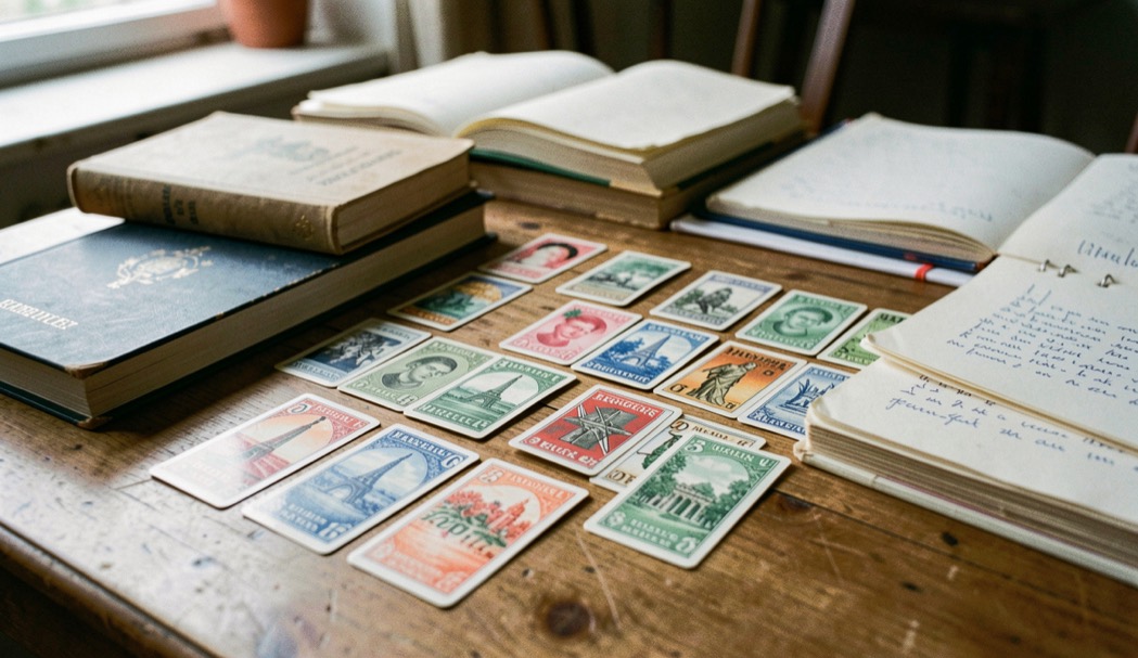 Cartes, livres et notes réunis sur une table de travail